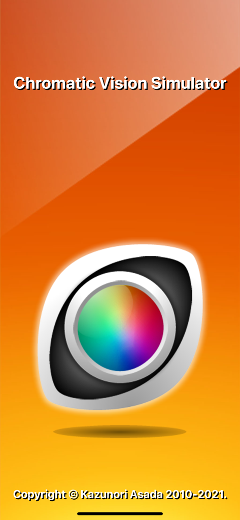 Chromatic Vision Simulator - Tela inicial do aplicativo Simulador de Visão Cromática com um ícone de olho estilizado com íris de arco-íris sobre um fundo laranja.