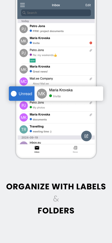 Écran de la boîte de réception Mail.ee affichant la liste des e-mails avec des libellés de couleur et des actions de balayage