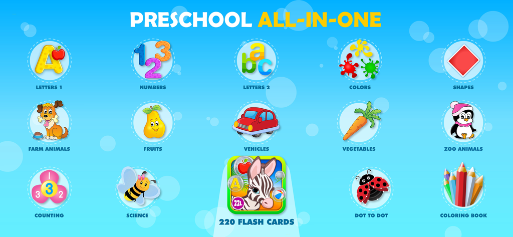 123 Bubble Kids Learning Games - Menu screen of the 123 Bubble Kids app showing educational categories like letters, numbers, and animals