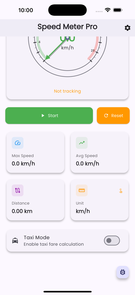 Tableau de bord de l'application Speed Meter Pro affichant les métriques de suivi de vitesse et le commutateur du mode taxi