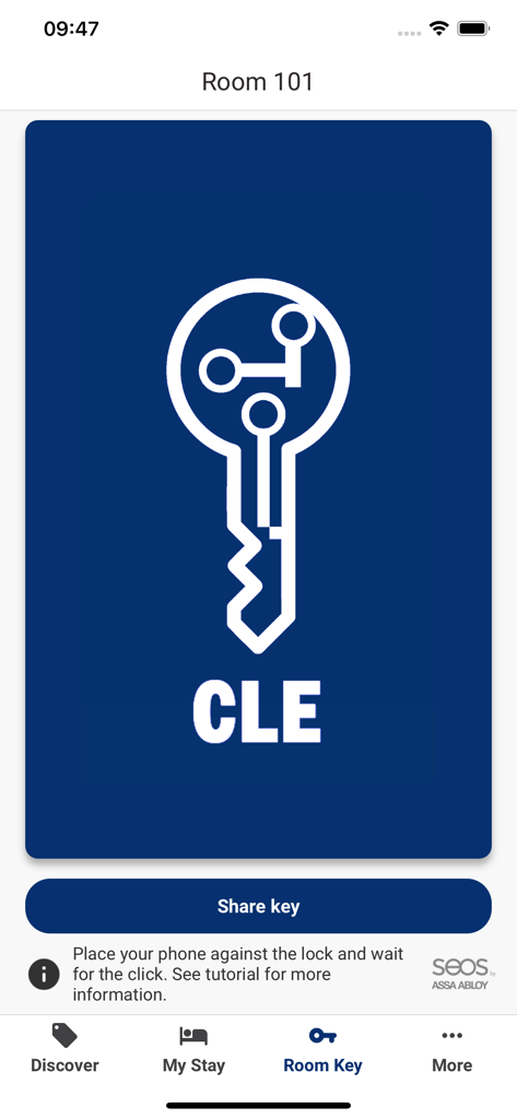 CLE KEY app interface showing a digital key for hotel room 101 with a share key button