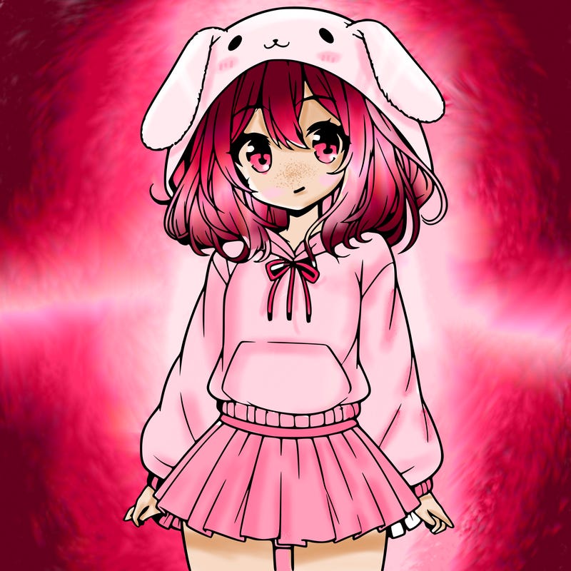 pretty anime girl wearing a fluffy hoodie with bunny ears on the hood and a skirt