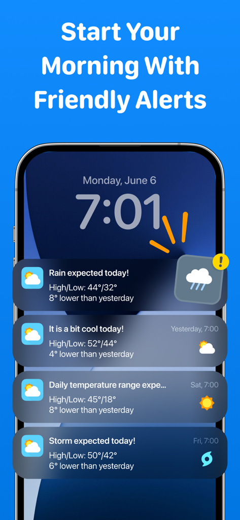 Weather Radar - Weather Sky - iPhone lock screen displaying friendly morning weather notifications from the Weather Sky app.