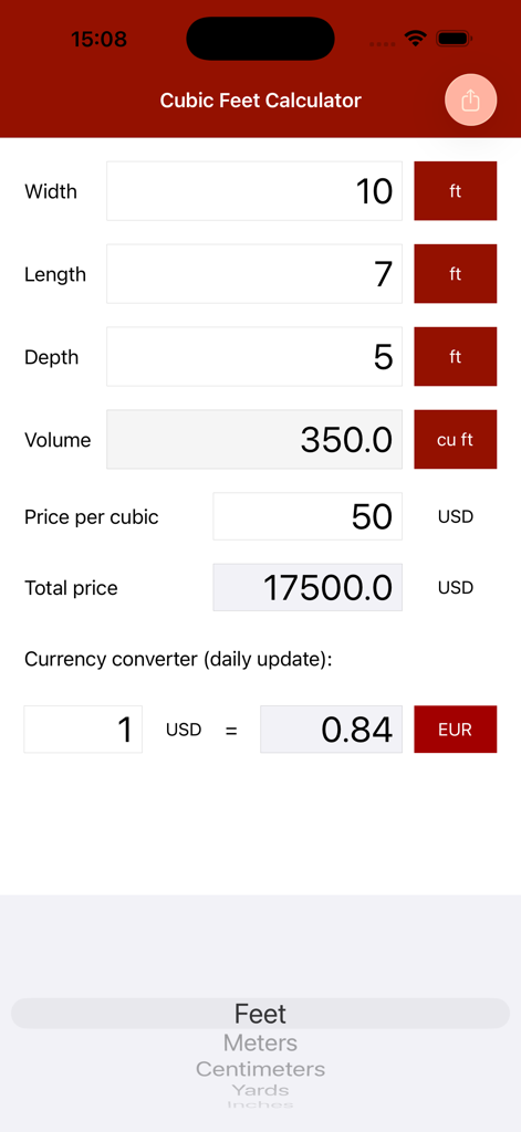 Cubic Feet Calculator Pro app interface showing volume calculation based on dimensions and total price estimation with currency conversion