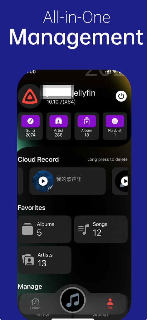 Yinhu Music app dashboard showing Jellyfin server stats for songs, artists, and albums