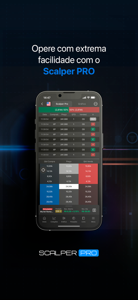 Interface do aplicativo móvel Scalper Pro exibindo dados de day trading em tempo real e livro de ofertas em um smartphone