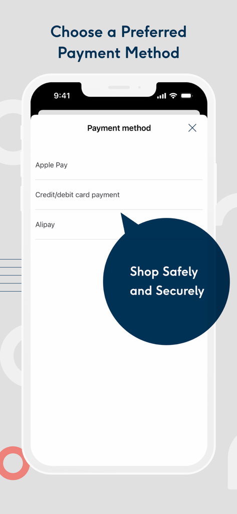 Écran de paiement de l'application mobile Pinkoi montrant des options de paiement sécurisées, y compris Apple Pay et Alipay.