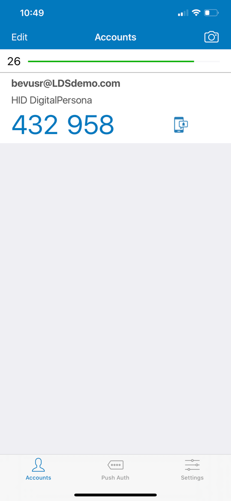 DigitalPersona - Interface de l'application DigitalPersona montrant un code d'authentification unique à 6 chiffres pour l'authentification du compte.