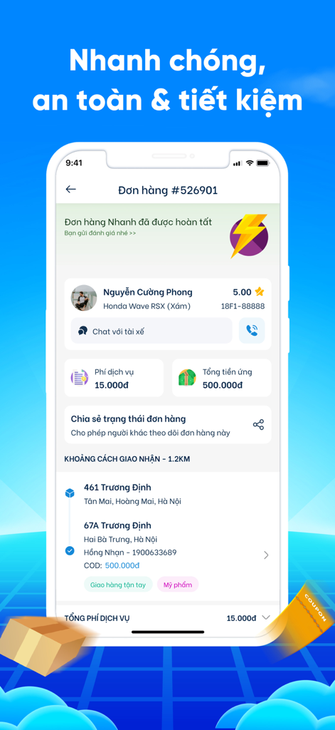 HeyU: Giao hàng thần tốc - Screenshot of the HeyU app showing a completed delivery order with driver information and service fees.