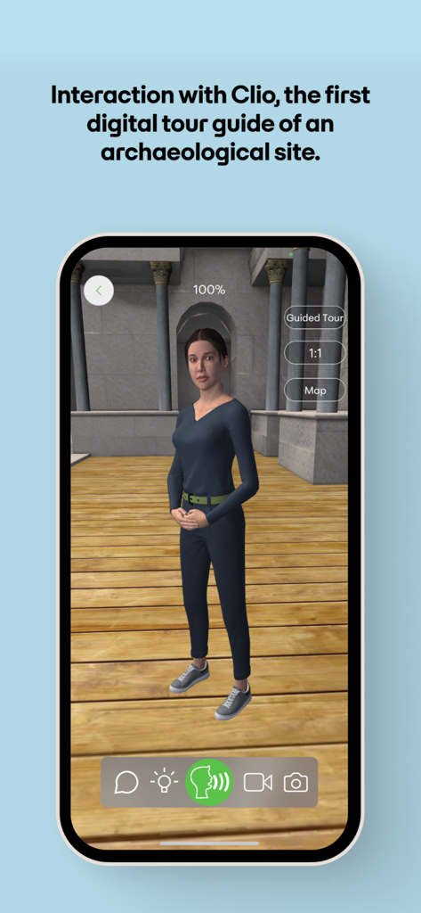 COSMOTE CHRONOS - A 3D digital tour guide named Clio standing in a virtual archaeological site