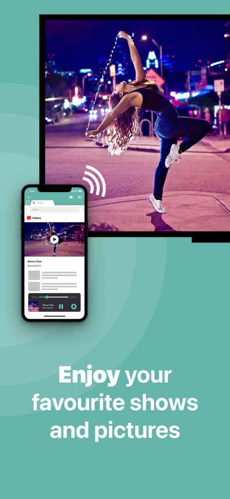 An iPhone mirroring a video of a woman dancing onto a large LG Smart TV screen.