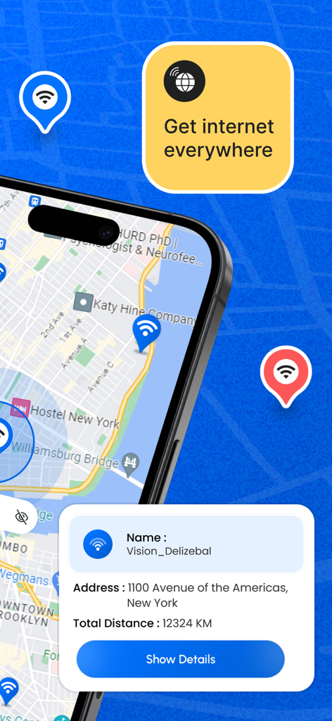 WiFi Password Map Wifi Hotspot - Smartphone screen showing a map of WiFi hotspots in New York City with detailed network information