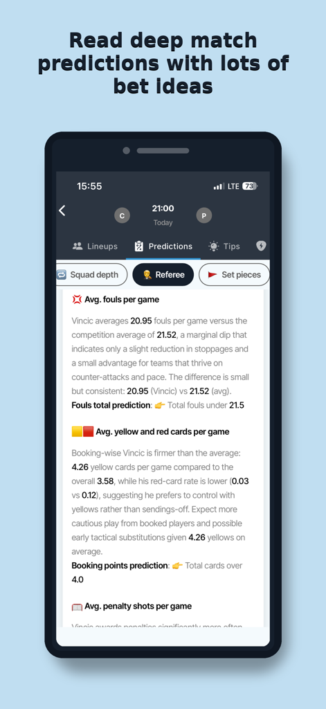 ProTipster: Betting Tips Feed - ProTipster app screen showing detailed match predictions and referee statistics for sports betting