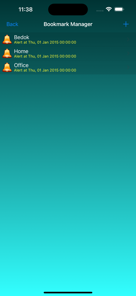 Écran de gestion des favoris dans l'application SG Weather montrant les emplacements enregistrés comme Bedok Home et Office avec des icônes d'alerte