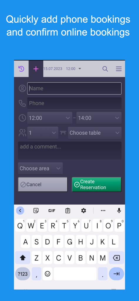 Reservation.Tools - Mobile interface for creating a new restaurant reservation showing input fields for guest name phone number and table selection