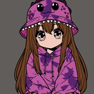 girl with anime shaped eyes with a dinosaur bucket hat oversized sweatshirt long straight hair