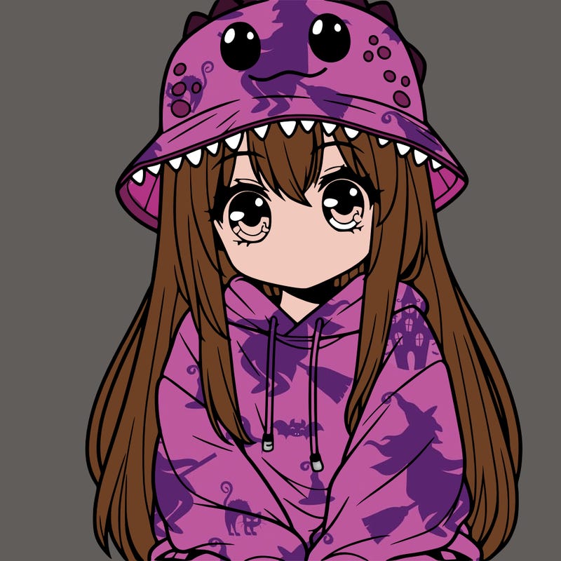 girl with anime shaped eyes with a dinosaur bucket hat oversized sweatshirt long straight hair