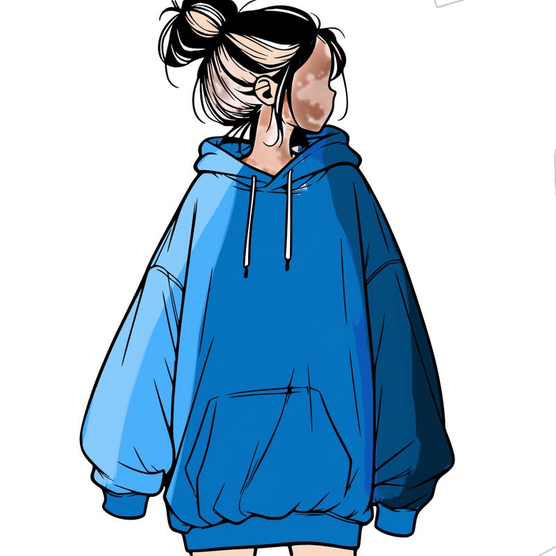realistic girl with a oversized sweatshirt on and a bun