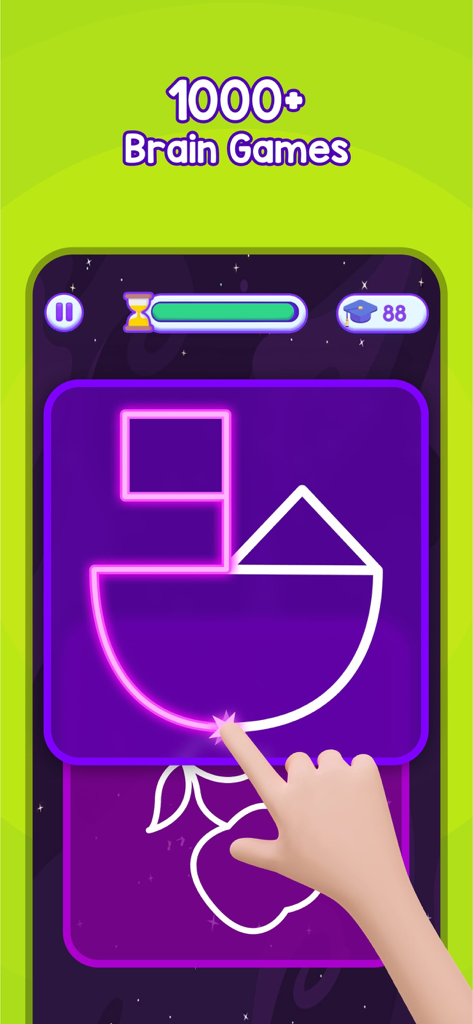 A child's hand tracing a neon geometric shape in the MentalUP brain games app