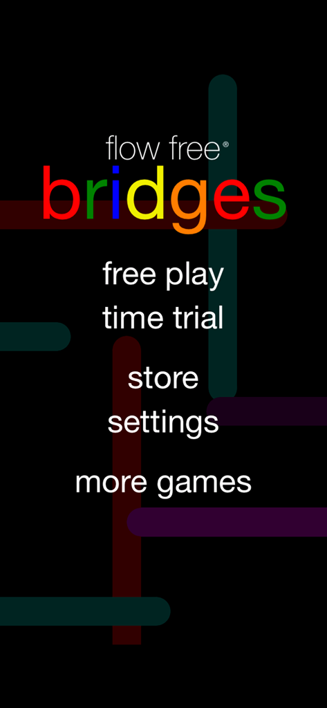 Flow Free: Bridges - Main menu of the Flow Free Bridges mobile puzzle game showing game mode options and a minimalist dark background with colorful pipes.