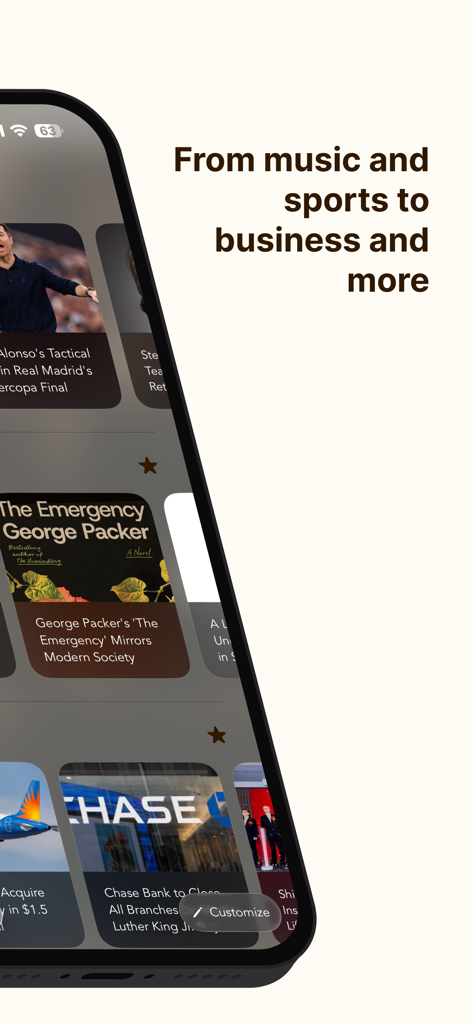 Interface do aplicativo Ponder AI exibindo um feed de diversas categorias de notícias em cartões deslizáveis.