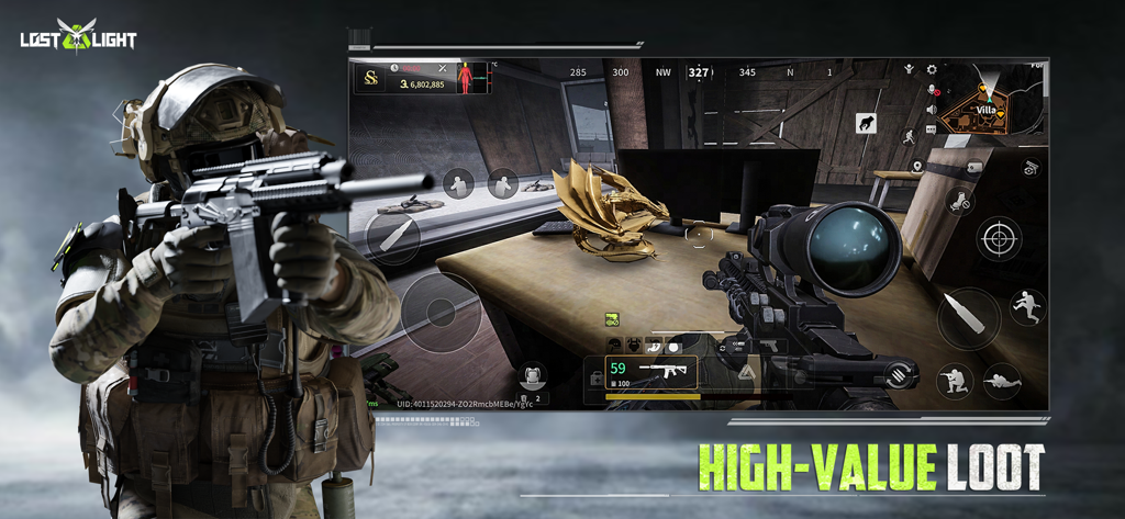 Lost Light: Weapon Skin Treat - Soldato tattico e visuale in prima persona del bottino drago d'oro in Lost Light.