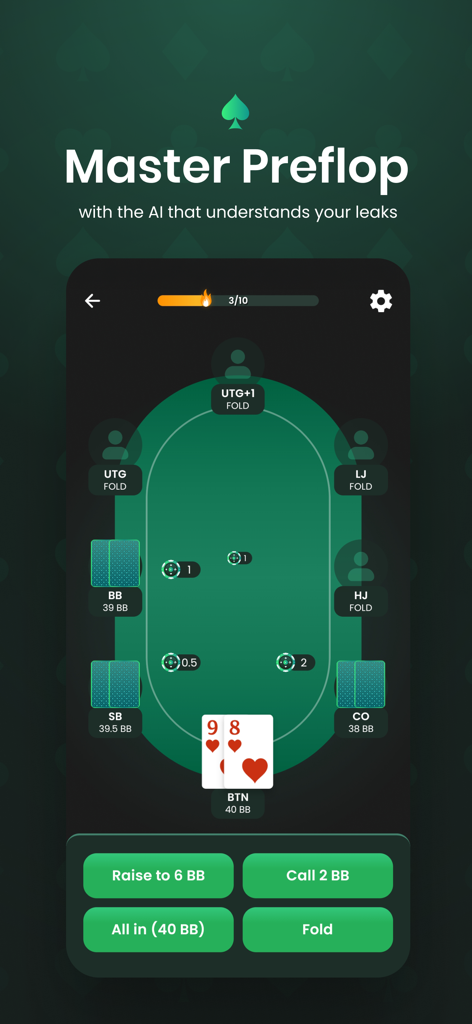 GTO Poker Trainer - Preflop AI - Interfaccia dell'app mobile GTO Poker Trainer che mostra un esercizio di mano di poker preflop
