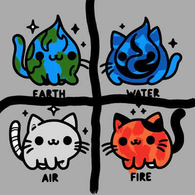 4 cats that represent the different elements, earth, water, air, and fire