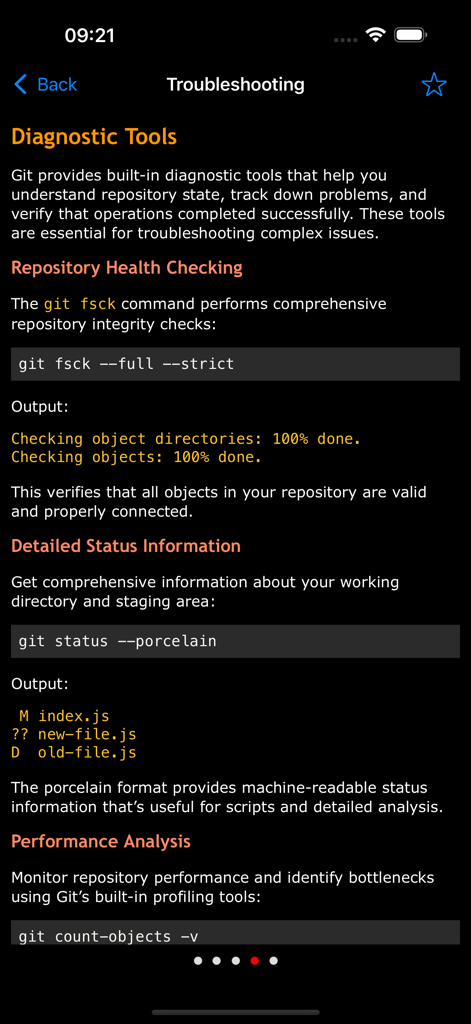 Mobile app screen showing Git troubleshooting tutorials and diagnostic tool commands