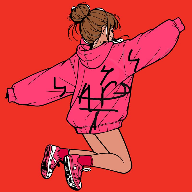 realistic girl jumping with a bun and oversized sweatshirt