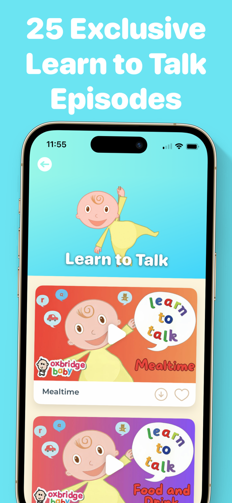Learn to Talk - iPhone screen displaying 25 exclusive Learn to Talk educational video episodes for child speech development.