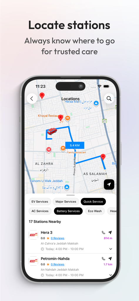 PETROMINit! - PETROMINit app interface showing a map with nearby service stations and navigation route