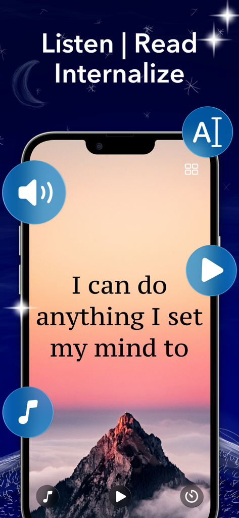 I am + AI Affirmations Widget - Una pantalla de smartphone que muestra una cita de afirmación positiva sobre un paisaje montañoso con iconos para escuchar y leer.