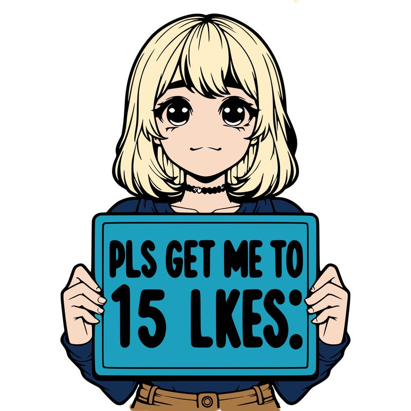 realistic girl holding up a sign that says “pls get me to 15 likes!”