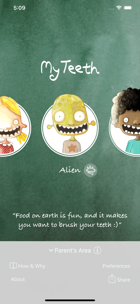 MyTeeth - MyTeeth app home screen with animated character selection for kids featuring an alien a girl and a boy