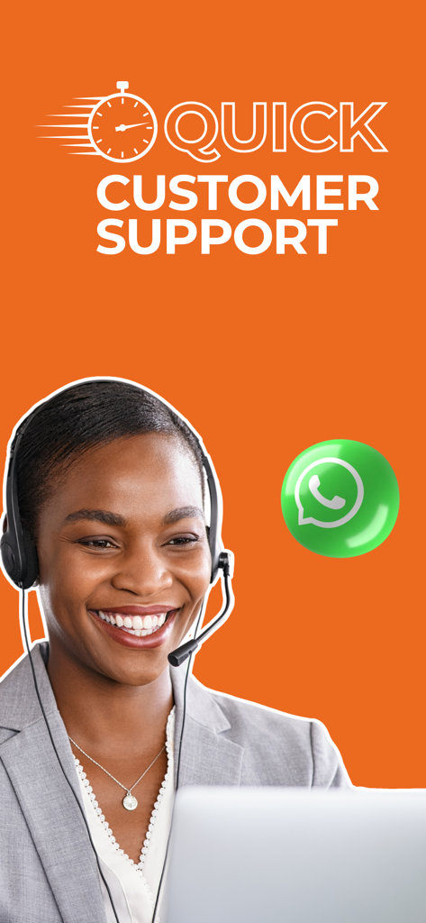 MinatPay: Cheap Data & Airtime - Un representante de atención al cliente sonriente con auriculares y un ícono de WhatsApp para asistencia rápida.