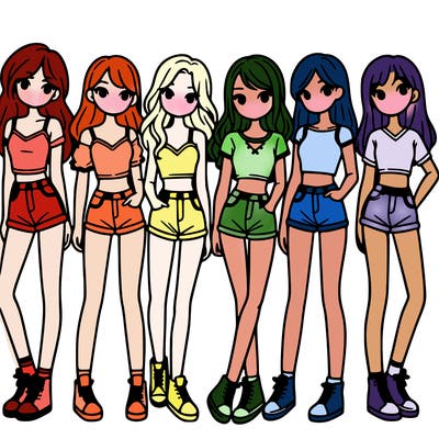 a group of girls wearing crop tops and shorts