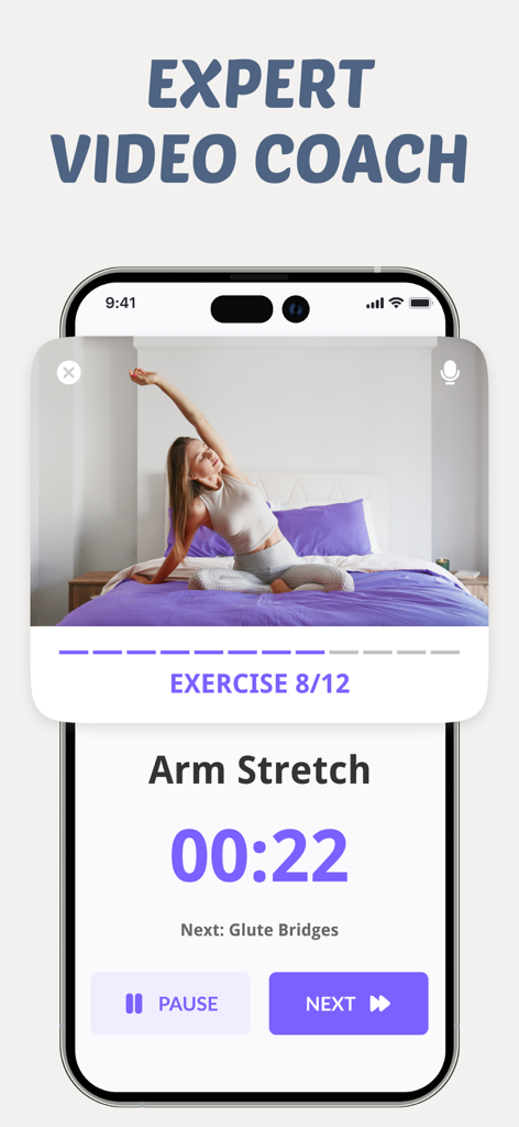 Lazy Workout for Weight Loss - LazyFit app interface showing a video coach guiding a woman through an arm stretch exercise on a bed