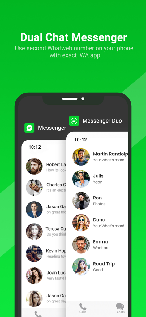 WhatsWeb - Click to Chat - Pantalla de smartphone mostrando listas de chat de doble mensajero superpuestas para gestionar dos cuentas en un dispositivo