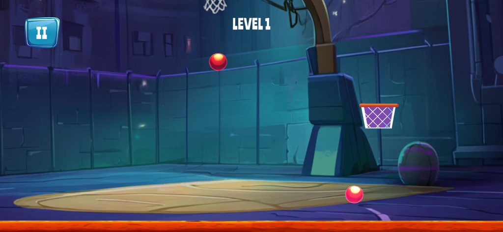 Basket Loot - Gameplay of Basket Loot showing a night street basketball court with collectible coins in level one