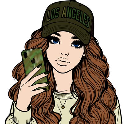 realistic beautiful girl wearing los ángeles cap holding an iphone