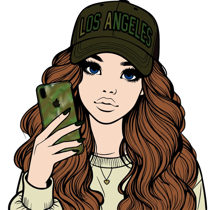 realistic beautiful girl wearing los ángeles cap holding an iphone
