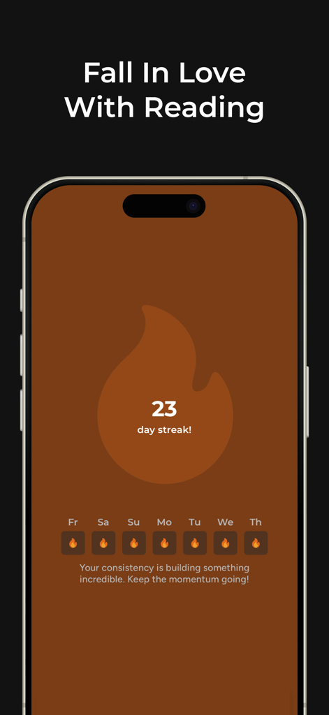 BookNote - Book Tracker & TBR - Interfaz de la aplicación BookNote mostrando una racha de lectura de 23 días y el progreso de la consistencia semanal.