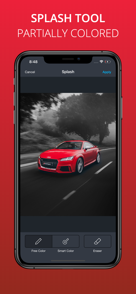 Long Exposure Slow Shutter Cam - Splash tool interface highlighting a red car on a black and white background