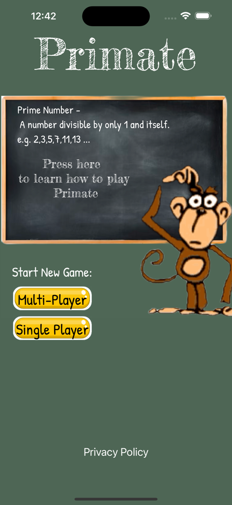 Primate (Card Game) - Hauptmenü des Primaten-Kartenspiels mit einer Tafel mit Definitionen von Primzahlen und einem Cartoon-Affencharakter.