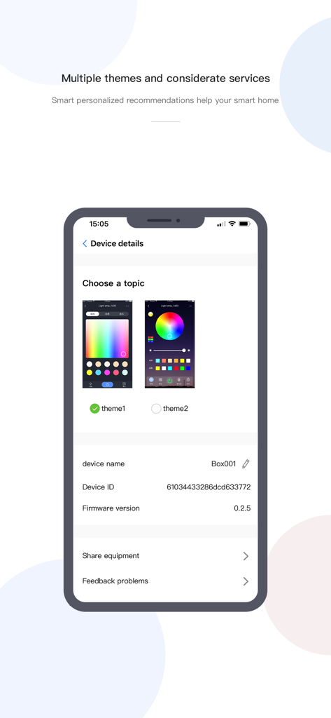 CozyLife Smart - Interface do aplicativo CozyLife Smart mostrando a seleção de temas personalizados para controle de luz inteligente