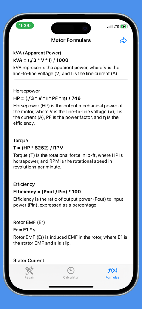 Motor Repair - Tela de referência técnica no aplicativo Reparo de Motores exibindo fórmulas de motores elétricos para Potência em CV, Torque e Eficiência.