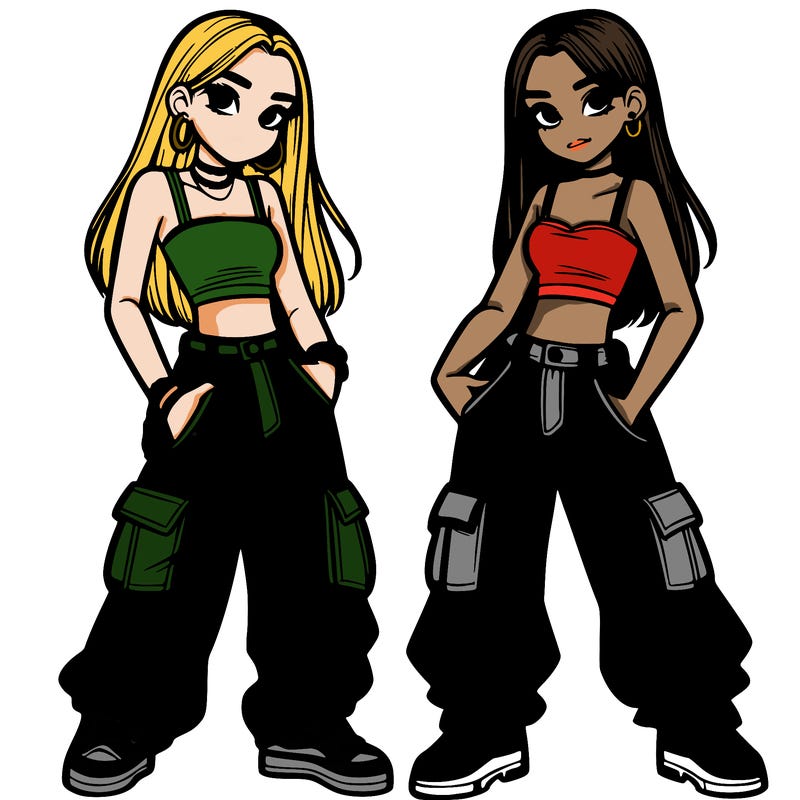 2 teen girls wearing baggy cargo jeans and crop tops