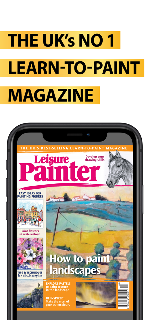 Leisure Painter & The Artist - Smartphone showing Leisure Painter magazine cover with landscape and drawing tutorials