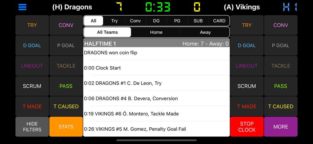 Rugby Scorebook app interface showing a live game log and scoring buttons for a match between two teams.